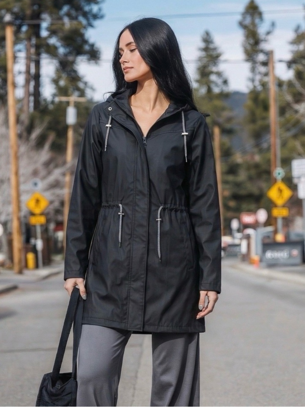 Long Tall Sally Black Hooded Rain Jacket Cinch Waist NWT US 8Tall